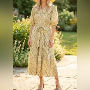 Lola Australia yellow floral tiered midi dress ruffle detail button front large